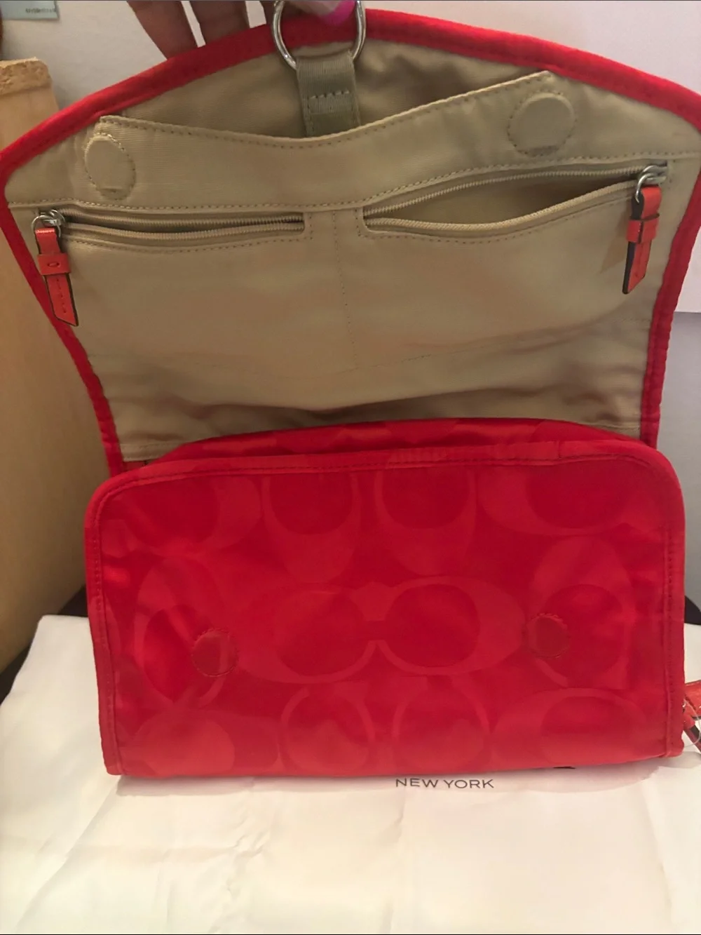 Coach Red Signature Nylon Foldover Cosmetic Case with Hook